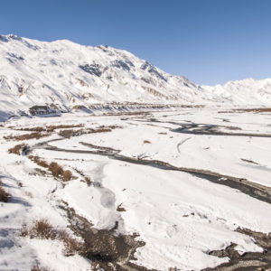 The view of the Spiti river and valley in winter